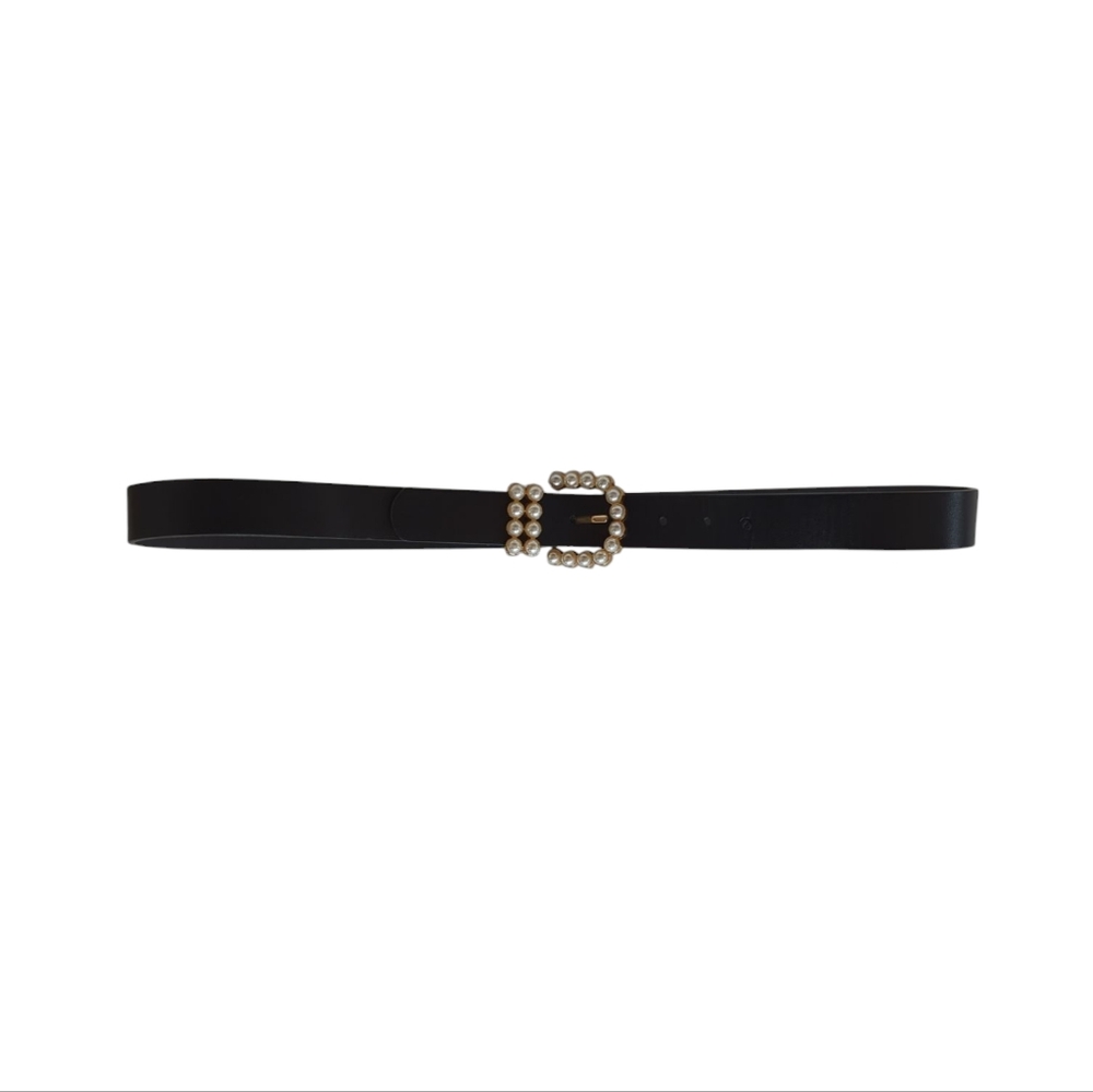 Faux Leather Belt with Elegant Pearl Gold Tone Buckle LARGE Black White Gold - Picture 8 of 16